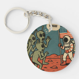Funny Aliens and Astronaut in Space Key Ring