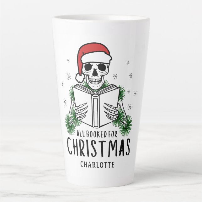 Funny All Booked For Christmas Reading Skeleton Latte Mug (Front)