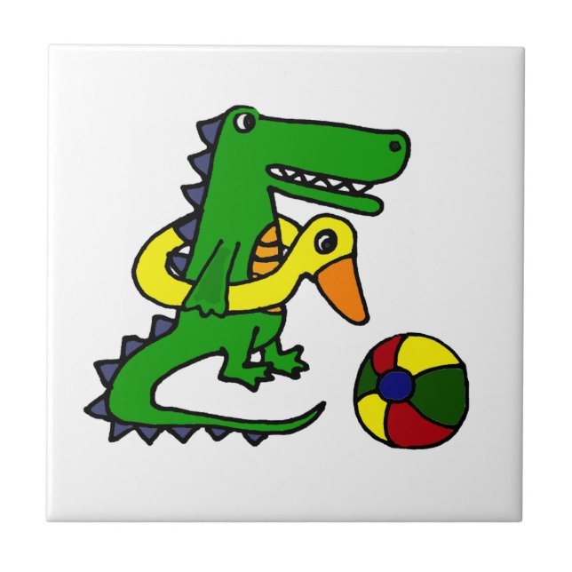 Funny Alligator at the beach Cartoon Ceramic Tile (Front)
