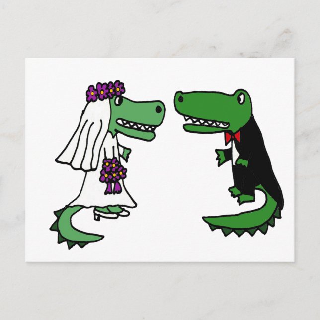 Funny Alligator Bride and Groom Cartoon Postcard (Front)