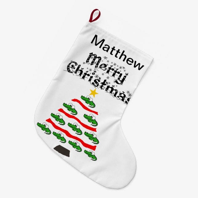 Funny Alligator Christmas Tree Cartoon Large Christmas Stocking (Front (Hanging))