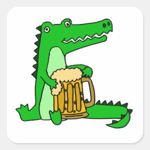 Funny Alligator Drinking Beer Cartoon Square Sticker