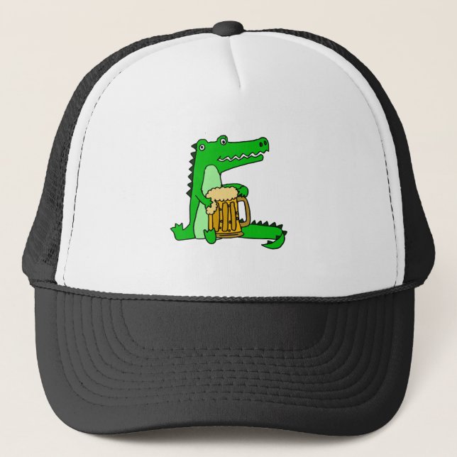 Funny Alligator Drinking Beer Cartoon Trucker Hat (Front)
