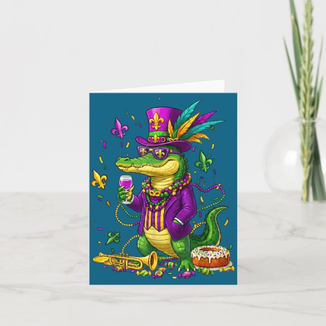 Funny Alligator Mardi Gras Beads Jester Card (Front)