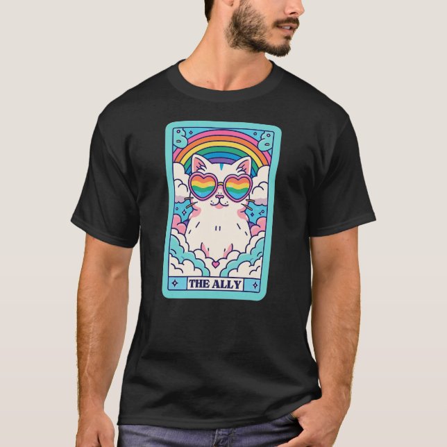 Funny Ally Cat Tarot Card Pride Sunglasses Gay Pri T-Shirt (Front)