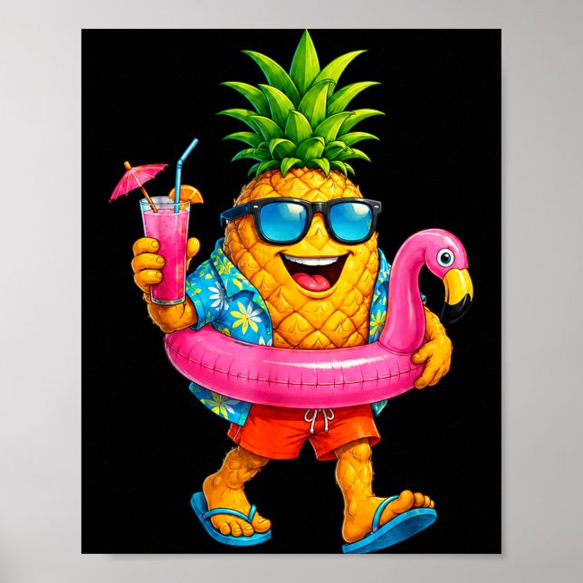 Funny aloha hawaiian pineapple pink flamingo float poster (Front)