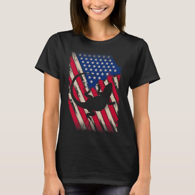 Funny America Bearded Dragon American Flag Happy 4 T-Shirt (Front)