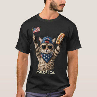 Funny America Cat Hot Dog Lovers Patriotic Us T-Shirt