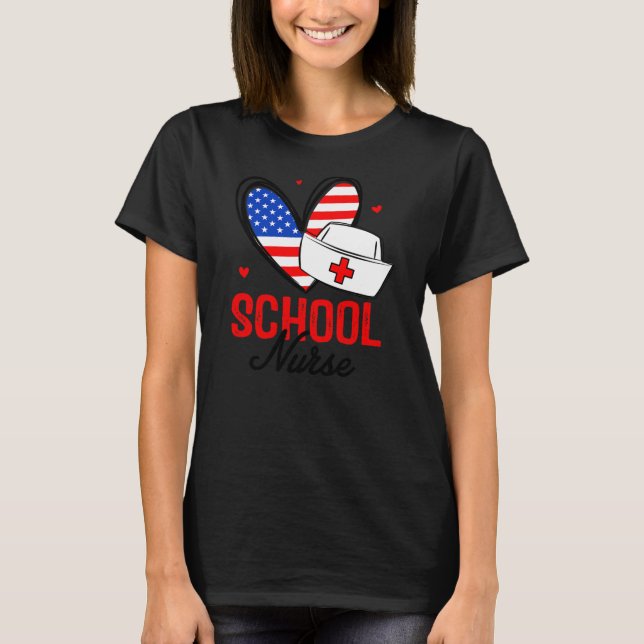 Funny America School Nurse Independence Heart RN T-Shirt (Front)