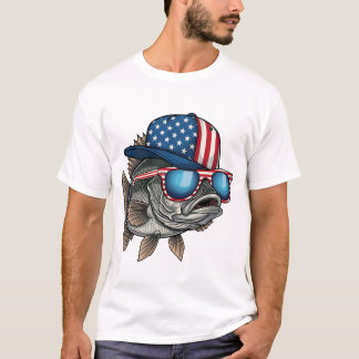 Funny American Big Fish Wearing Flag Cap Fishing T-Shirt