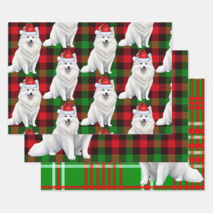 Funny American Eskimo Christmas Dog Red Plaid Wrapping Paper Sheet
