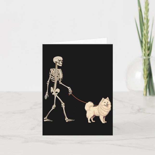 Funny American Eskimo Skeleton Dog Walking Card (Front)