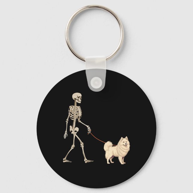 Funny American Eskimo Skeleton Dog Walking Key Ring (Front)
