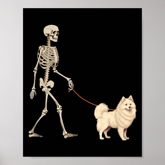 Funny American Eskimo Skeleton Dog Walking Poster (Front)