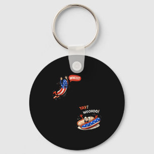 Funny american flag hot dog jumping in bun 4th ofF Key Ring