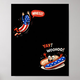 Funny american flag hot dog jumping in bun 4th ofF Poster