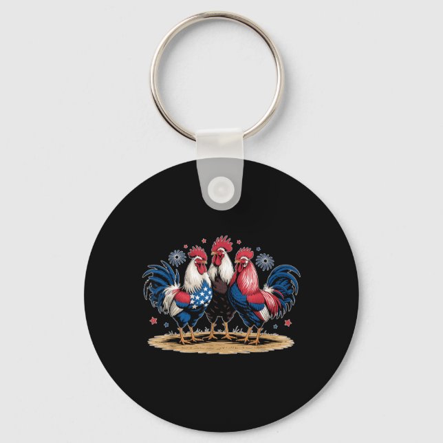 Funny American Flag Rooster Independence Day 4th Key Ring (Front)