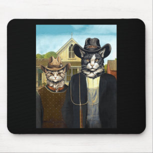 Funny American Gothic Cats Farmers Cowboy Cat Barn Mouse Pad