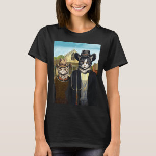 Funny American Gothic Cats Farmers Cowboy Cat Barn T-Shirt