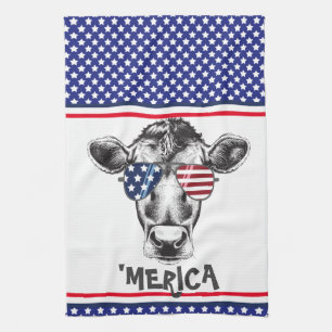 Funny American Hipster Cow  Tea Towel