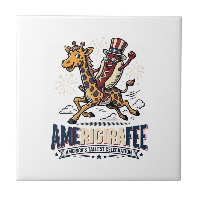Funny Amerigiraffee Patriotic Giraffe Hot Dog Shir Ceramic Tile (Front)