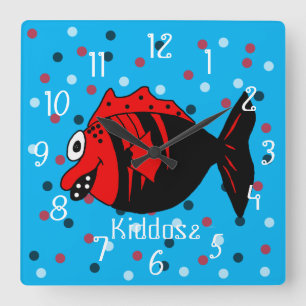 Funny and cute black and red fantasy fish square wall clock
