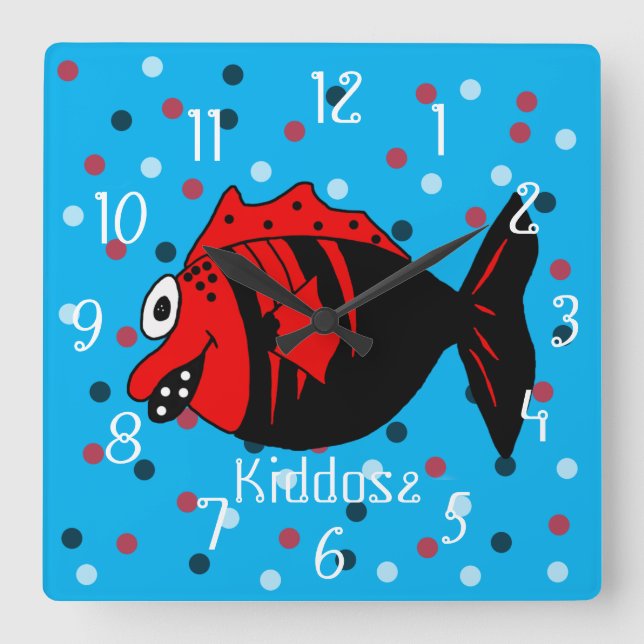 Funny and cute black and red fantasy fish square wall clock (Front)