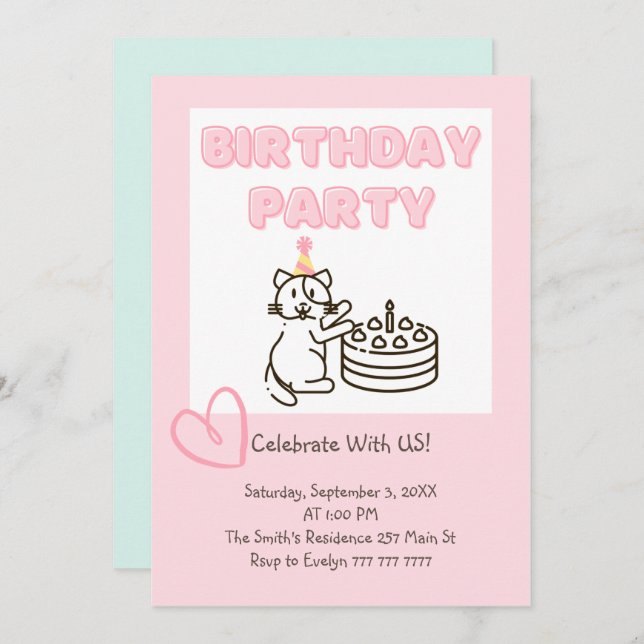 Funny and Cute Cat&Cake Birthday Invitation  (Front/Back)
