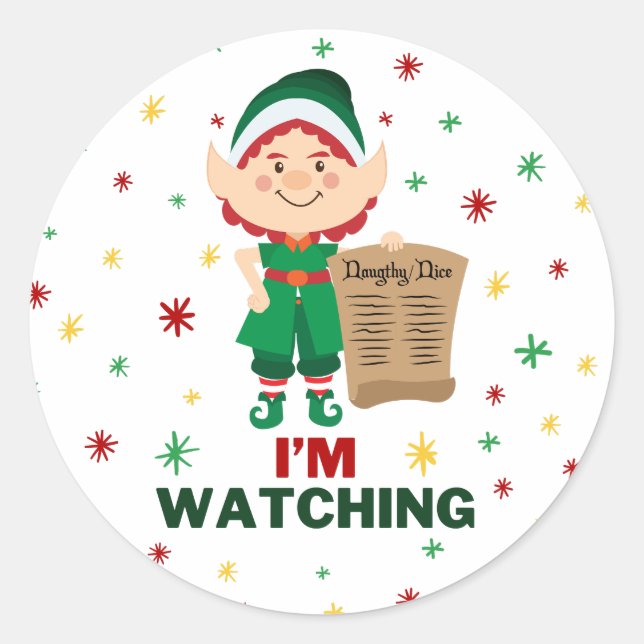 Funny and Cute Elf I'm Watching  Classic Round Sticker (Front)