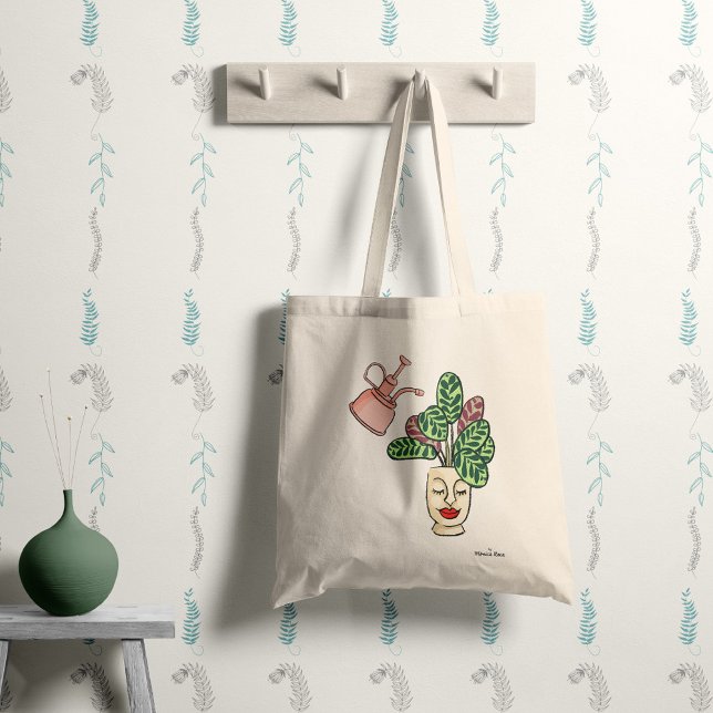 Funny and cute Houseplant with your name Tote Bag (Tote bag with fun illustrated plant and customizable with your name)