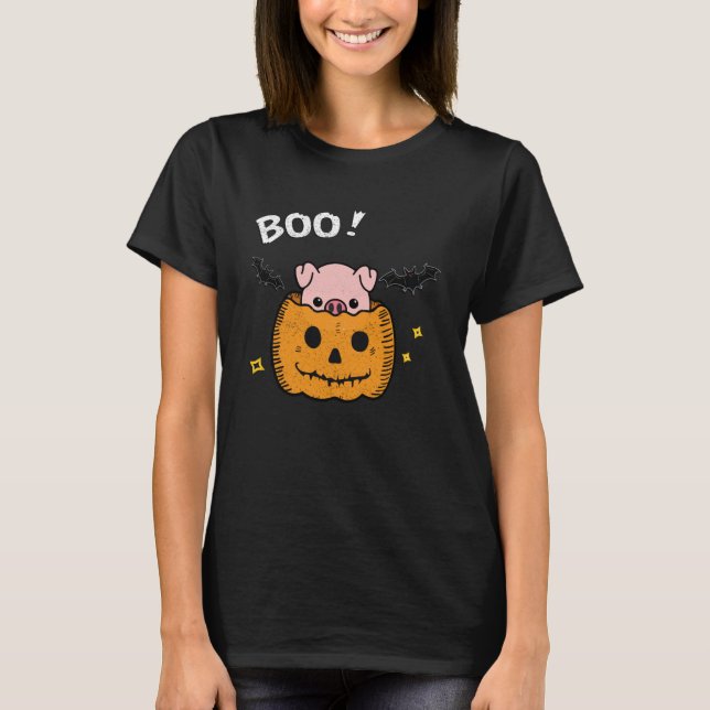 funny and cute piggy pig boo in pumpkin bats Hallo T-Shirt (Front)