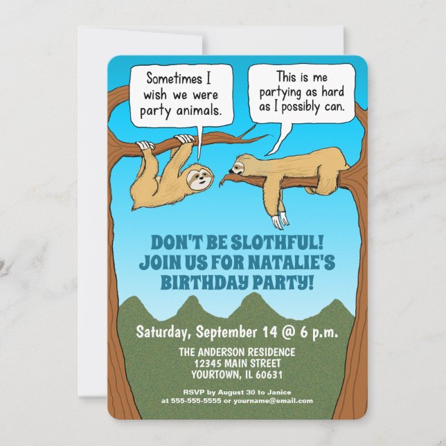 Funny and Cute Sloths Birthday Party Invitation (Front)
