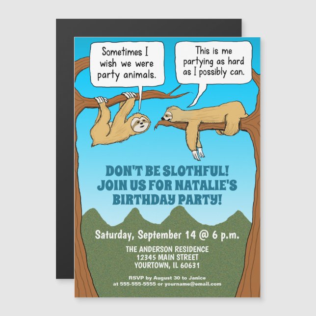 Funny and Cute Sloths Birthday Party Invitation (Front/Back)
