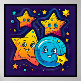 Funny and Cute Stars with The Moon in Space  Poster