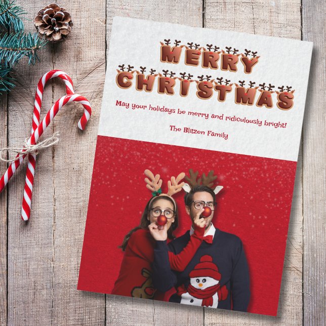 Funny and Festive Reindeer Couple Photo Christmas Holiday Card (Send a dose of holiday cheer and laughter this season with a funny and festive photo card)