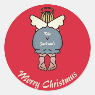 Funny Angel Cartoon Personalised Name Christmas Classic Round Sticker