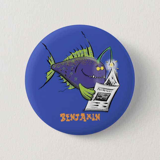 Funny angler fish cartoon button (Front)