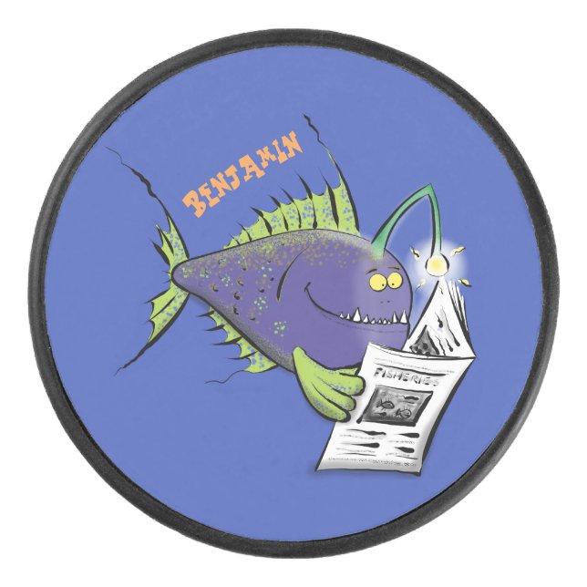 Funny angler fish cartoon hockey puck (Front)