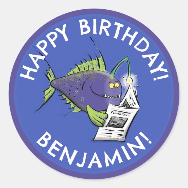 Funny angler fish cartoon personalised birthday classic round sticker (Front)