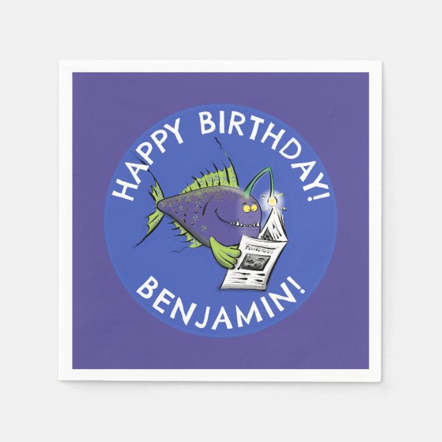 Funny angler fish cartoon personalised birthday napkin (Front)
