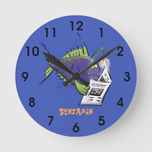 Funny angler fish cartoon round clock (Front)