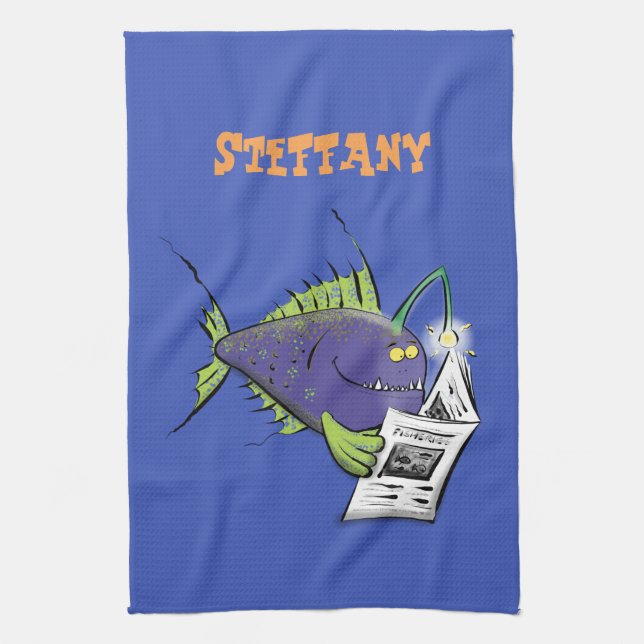 Funny angler fish cartoon tea towel (Vertical)