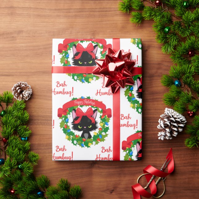 Funny Angry Black Cat "Bah Humbug" Wrapping Paper (Holiday Gift)