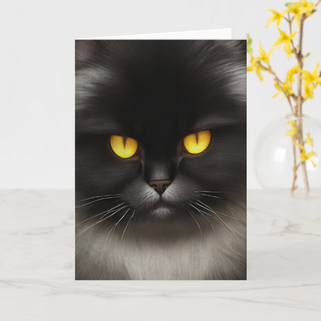 Funny Angry Fluffy Black Persian Kitty Cat Face Card (Yellow Flower)