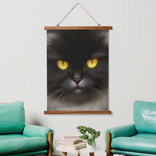 Funny Angry Fluffy Black Persian Kitty Cat Face Hanging Tapestry (Living Room)