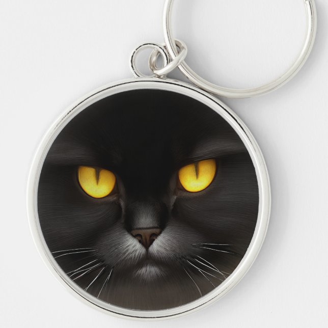 Funny Angry Fluffy Black Persian Kitty Cat Face Key Ring (Front)
