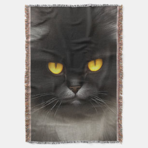 Funny Angry Fluffy Black Persian Kitty Cat Face Throw Blanket