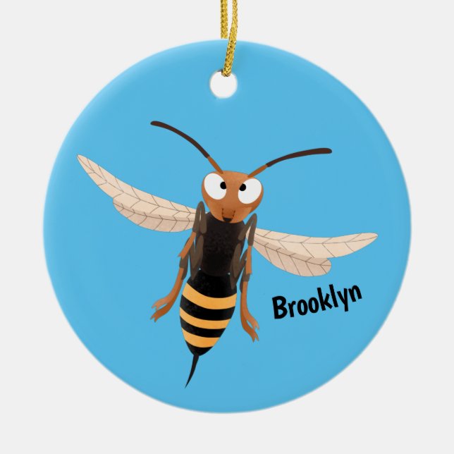 Funny angry hornet wasp cartoon illustration ceramic ornament (Front)