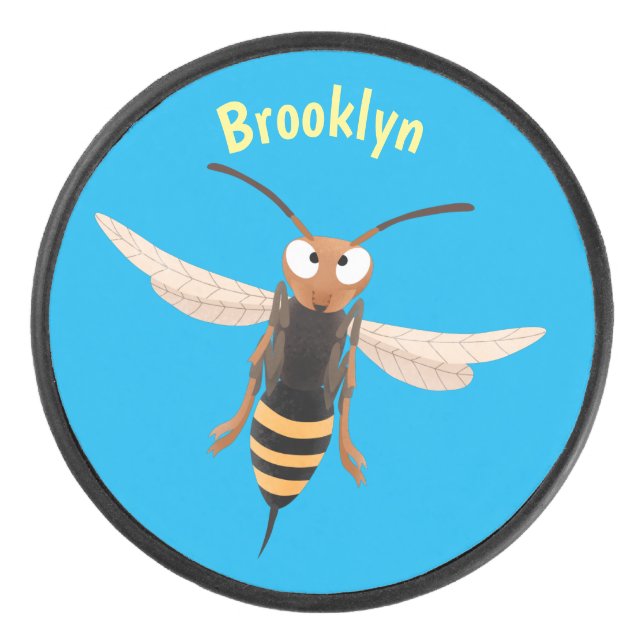 Funny angry hornet wasp cartoon illustration hockey puck (Front)