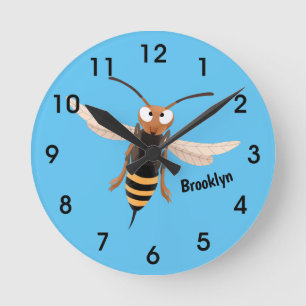 Funny angry hornet wasp cartoon illustration round clock